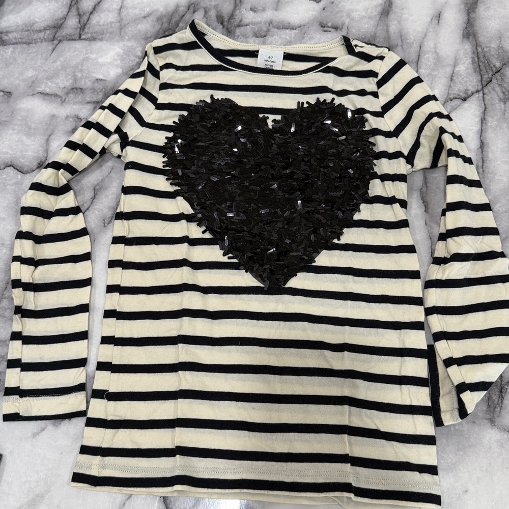 JCrew Crewcuts Girls White black striped heart sequin long sleeve tee Size 6/7